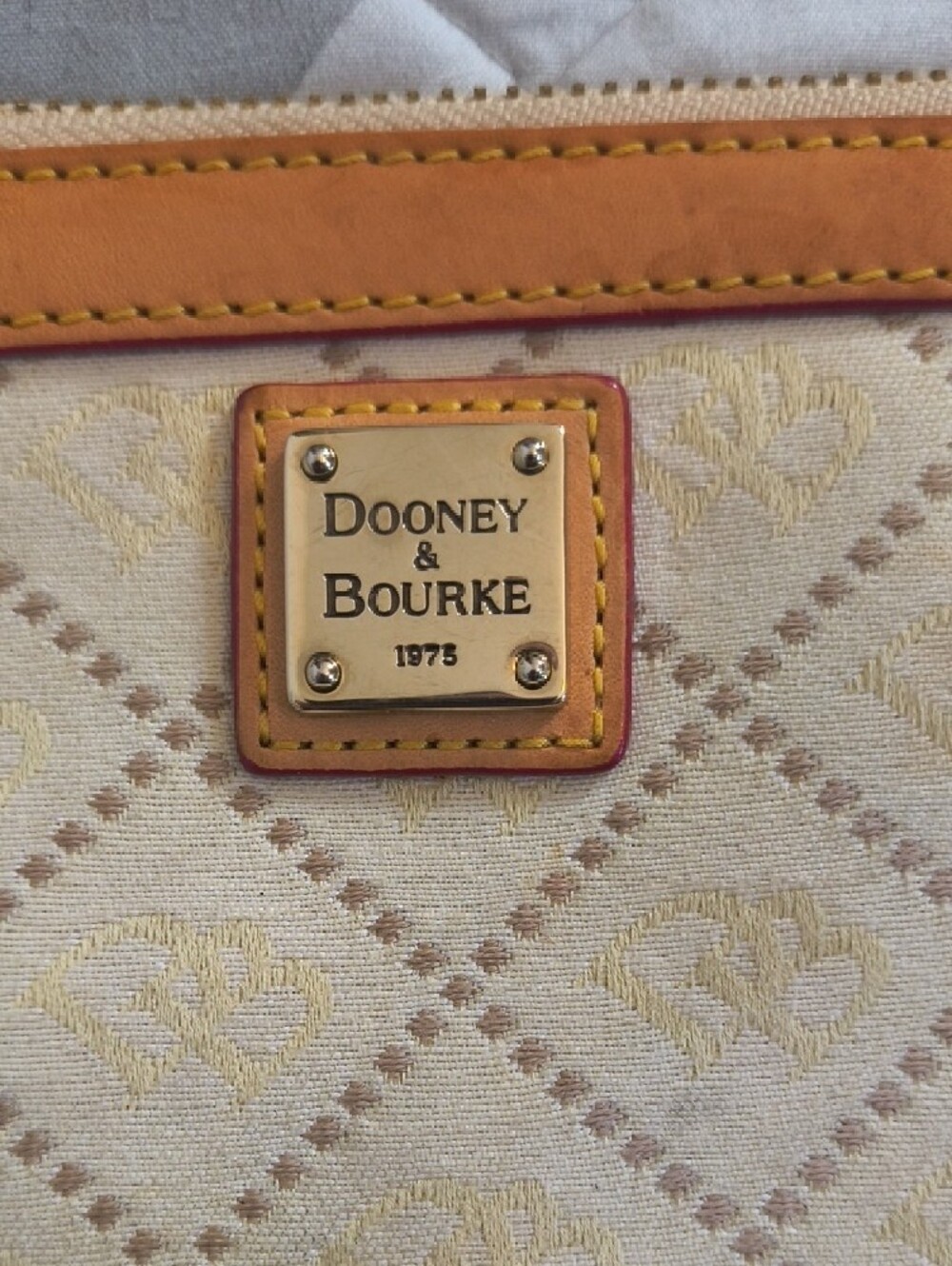 Dooney & Bourke Cream Canvas Wristlet with Tan Leather Trim and Gold Hardware - Picture 3 of 10